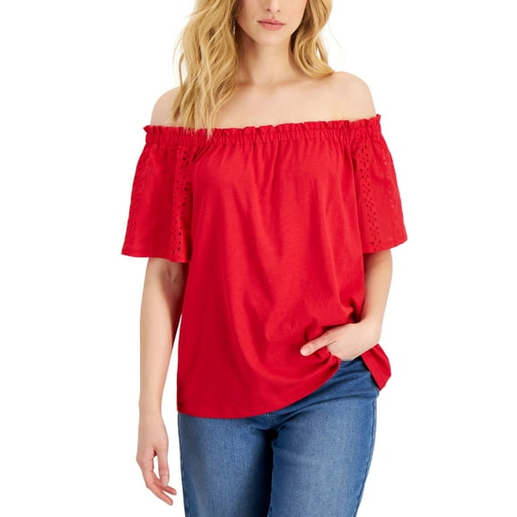 Charter Club Eyelet-Sleeve Off-The-Shoulder Top Red Barn S