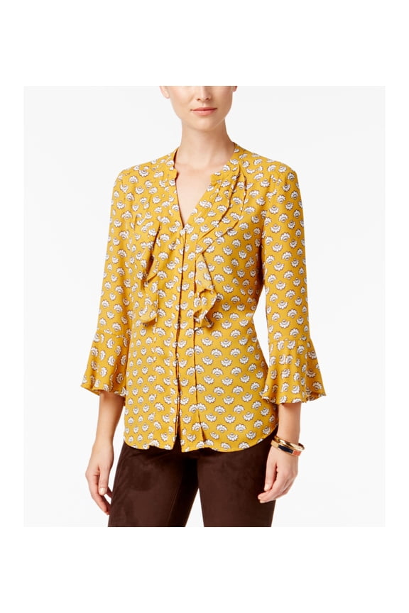 Fan Print Ruffled Blouse Sahara Gold Combo S