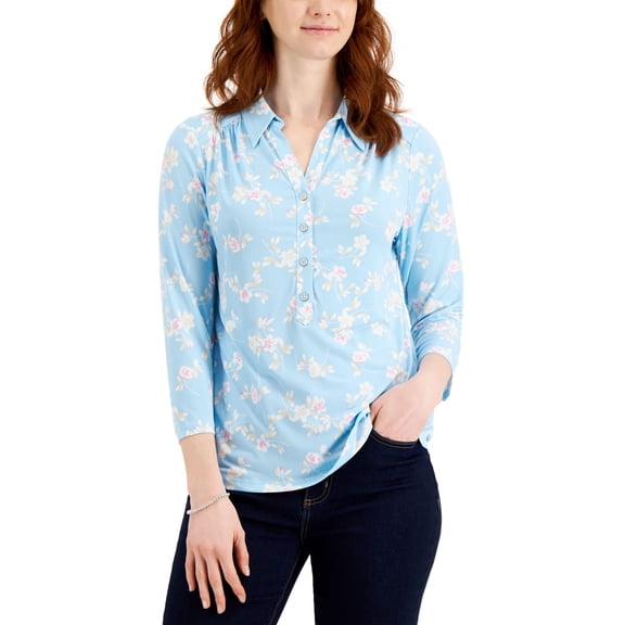 Charter Club Floral Print 3/4 Sleeve Knit Top Waterline Combo XL