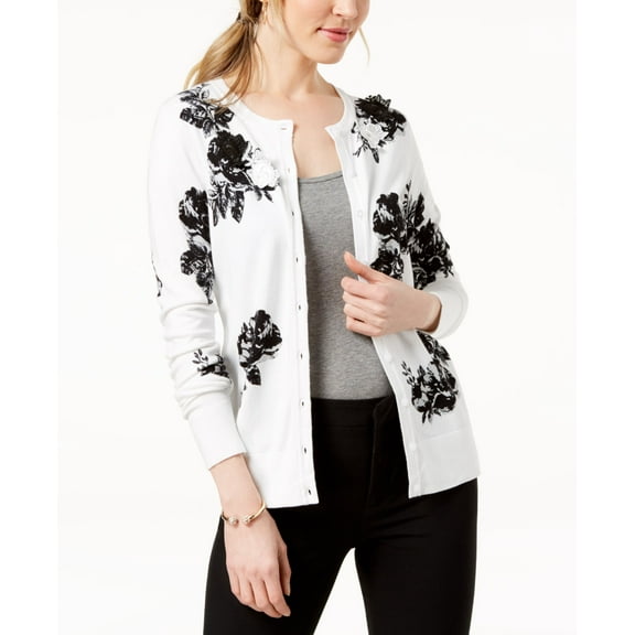 Charter Club Floral Print Applique Detail Cardigan Bright White XS