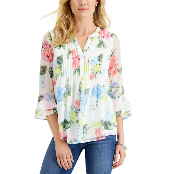 Charter Club Floral Print Pintuck Top Cloud Combo M