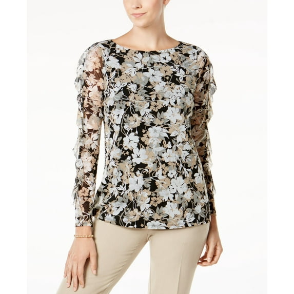 Charter Club Floral Print Ruffled Sleeve Mesh Top Deep Black Combo L
