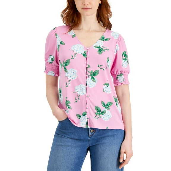 Charter Club Floral Print Smocked Cuff V Neck Top Bubble Bath Combo 2XL