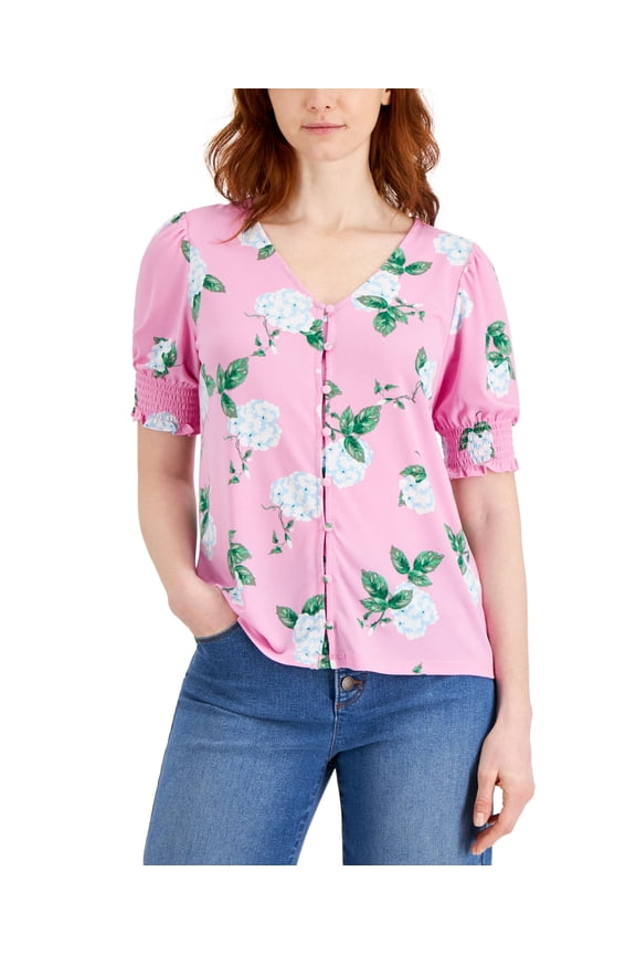 Floral Print Smocked Cuff V Neck Top Bubble Bath Combo 2XL