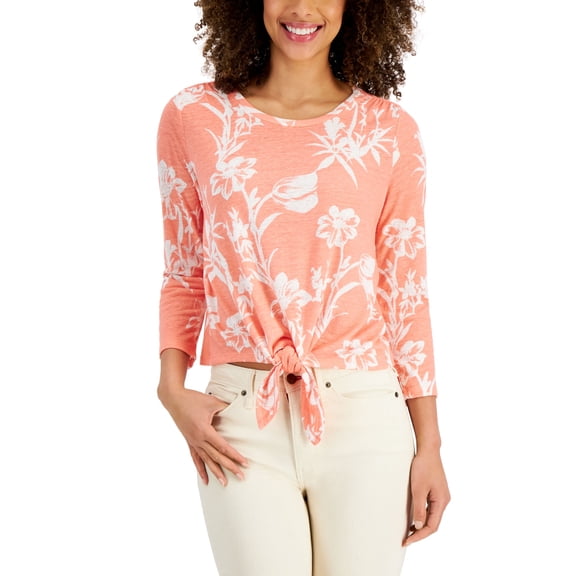 Charter Club Floral Print Tie Hem Top Sandy Pink Combo M