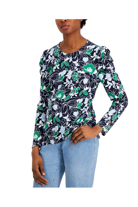 Garden Floral Puff Sleeve Top Intrepid Blue Combo XL