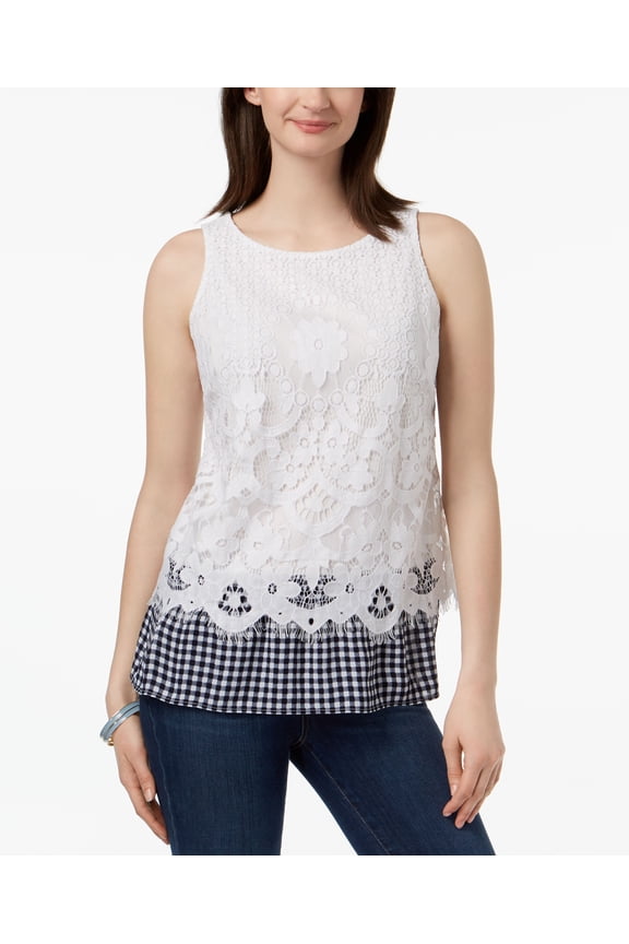 Gingham Hem Lace Top Bright White M