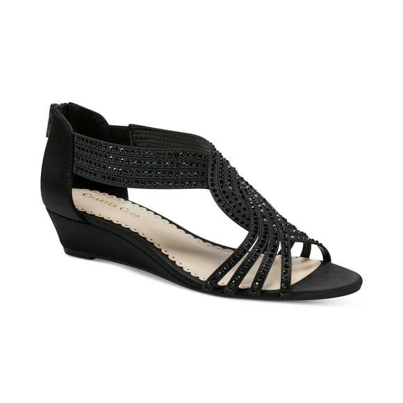 Charter Club Ginifur Wedge Sandals Black Satin 9W