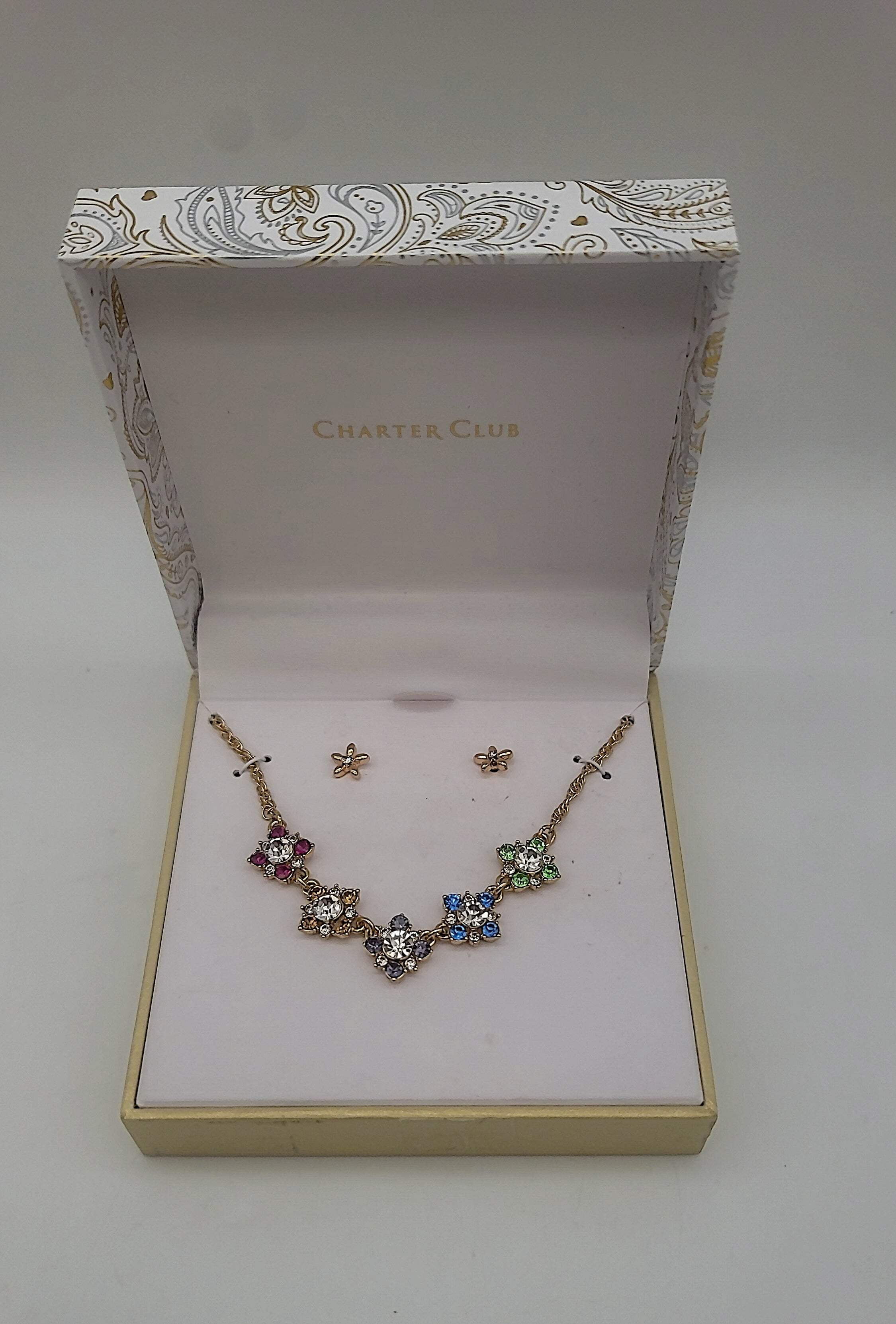 Charter Club Gold Tone 2 PC. Set Crystal Mini Cluster Statement Necklace and Mat Gold Tone