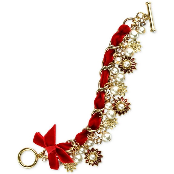 Charter Club Gold-Tone Pave & Imitation Pearl Poinsettia Velvet Ribbon Bracelet – Gold