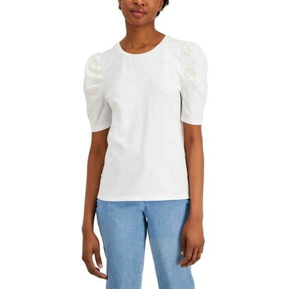 Charter Club Imitation Pearl Puff Sleeve Top Bright White L