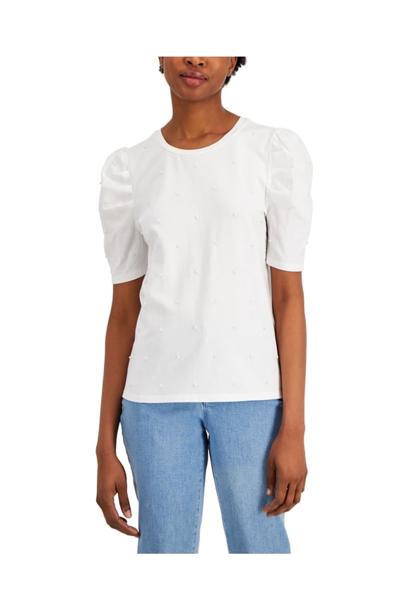 Imitation Pearl Puff Sleeve Top Bright White L