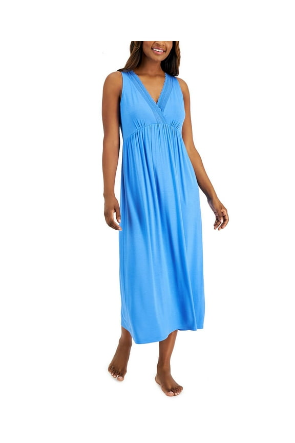 Lace-Trim Long Nightgown Blue S