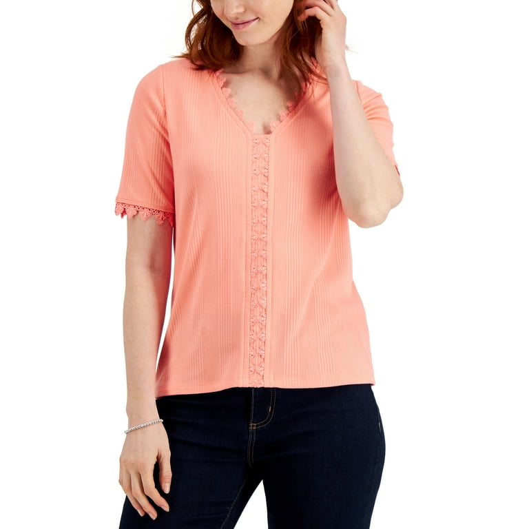 Charter Club Lace Trimmed V Neck Top Sandy Pink 2XL