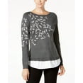 thumbnail image 1 of Charter Club Layered Look Embroidered Sweater Charcoal Heather XS, 1 of 1