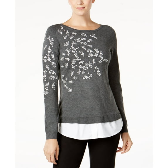 Charter Club Layered Look Embroidered Sweater Charcoal Heather XS