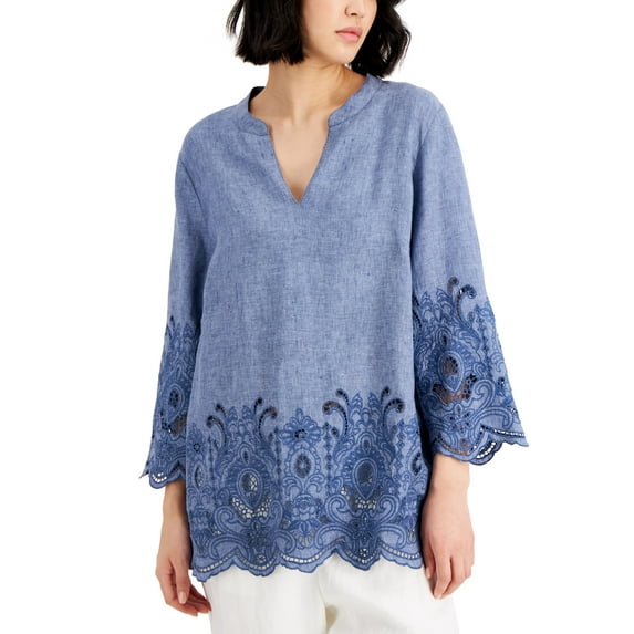 Charter Club Linen Embroidered Hem Tunic Blue Ocean XS