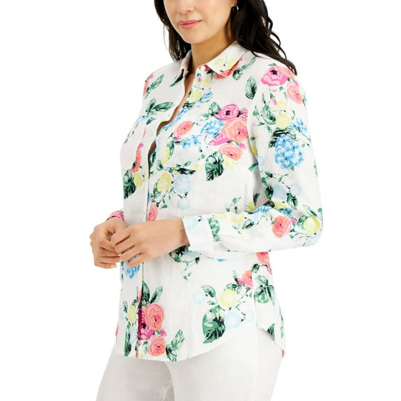Charter Club Linen Floral Print Shirt Bright White Combo S
