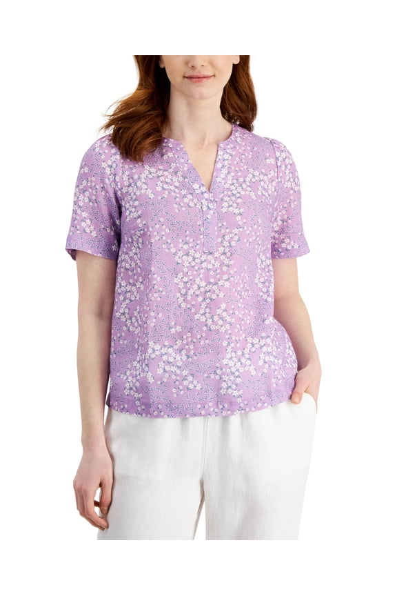 Linen Floral-Print Split-Neck Top Freesia Dusk Combo S