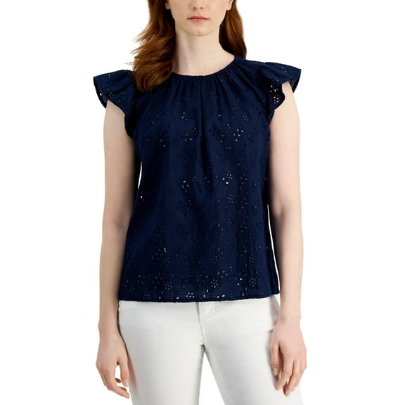 Charter Club Linen Flutter Sleeve Eyelet Top Intrepid Blue 2XL