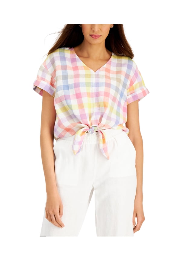 Linen Gingham Tie Front Top Bright White Combo S