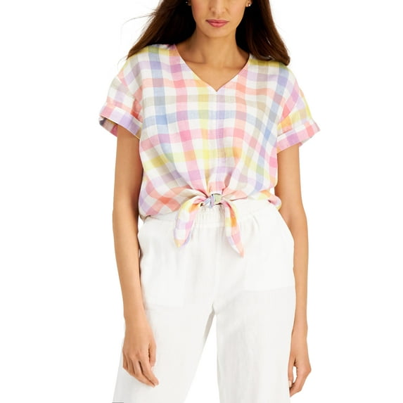 Charter Club Linen Gingham Tie Front Top Bright White Combo XL