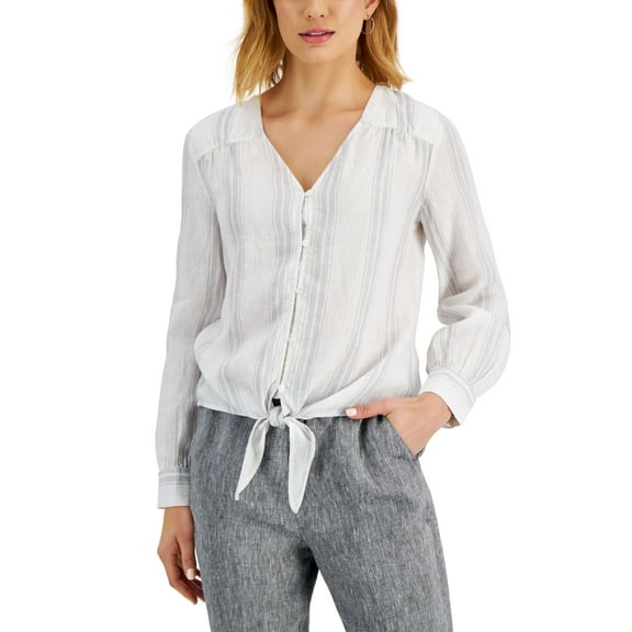 Charter Club Linen Metallic Stripe Top Bright White Combo L