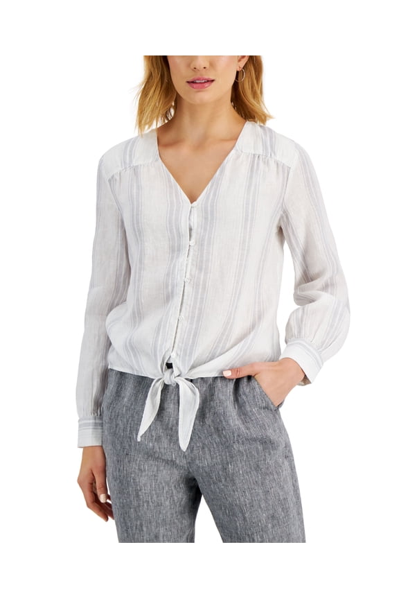 Linen Metallic Stripe Top Bright White Combo L