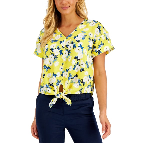Charter Club Linen Printed Tie Front Top Primrose Yellow Combo M