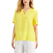 Charter Club Linen Split-Neck Top Primrose Yellow XS