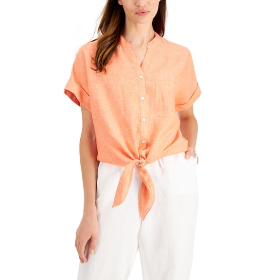 Charter Club Linen Tie-Front Shirt Calypso Coral XS