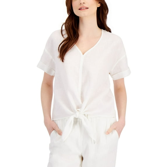 Charter Club Linen Tie-Front Top Bright White XS