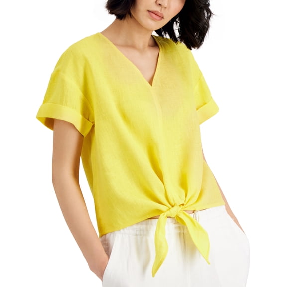 Charter Club Linen Tie-Front Top Primrose Yellow S