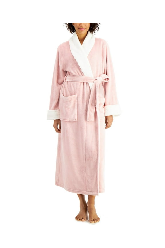 Long Cozy Plush Robe With Faux-Fur Trim, Chalky Rose, Size M/L