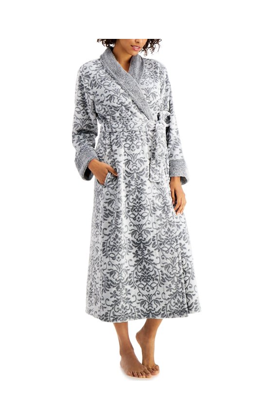 Long Floral Scroll Plush Robe, Floral Scroll, Size M/L