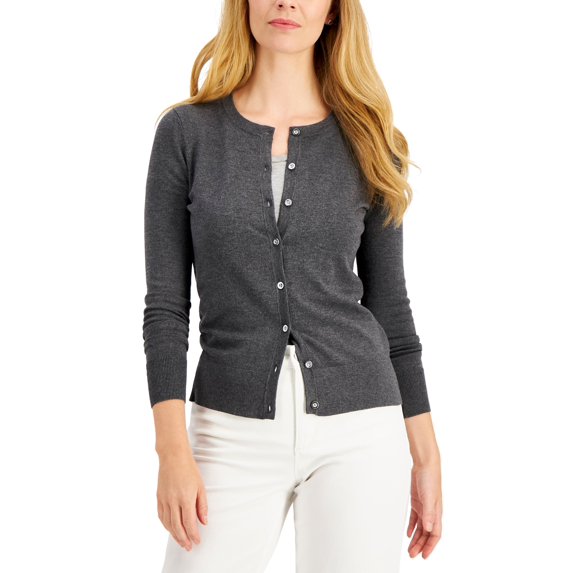 Charter Club Long Sleeve Button Front Cardigan Charcoal Hthr 2XL