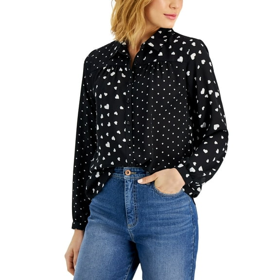 Charter Club Long Sleeve Contrast Print Shirt Deep Black Combo XS