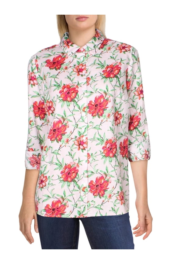 Womens Floral Collared Button-Down Top Pink XS