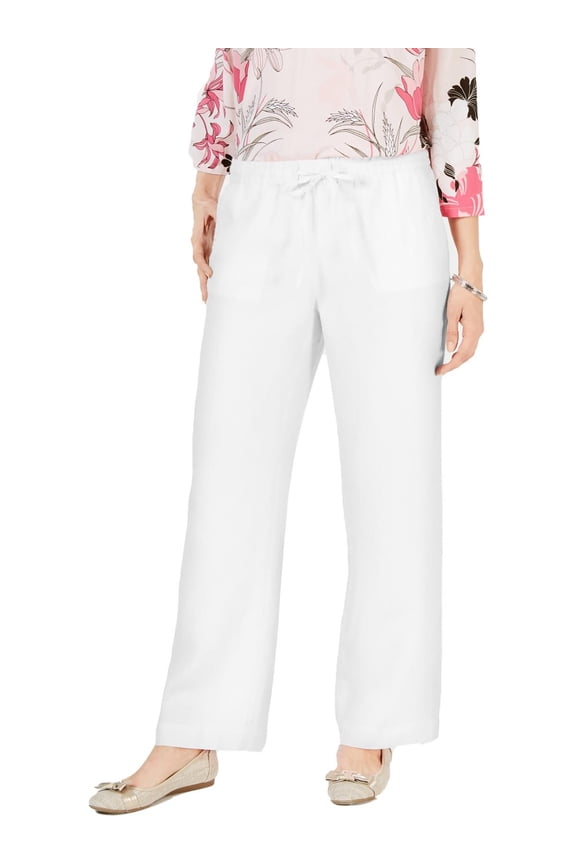 Womens Petites Linen Elastic Straight Leg Pants