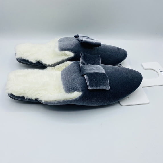 Charter Club Memory Foam Gray Velvet Faux Fur Slippers Bow Accent X-Large 11-12