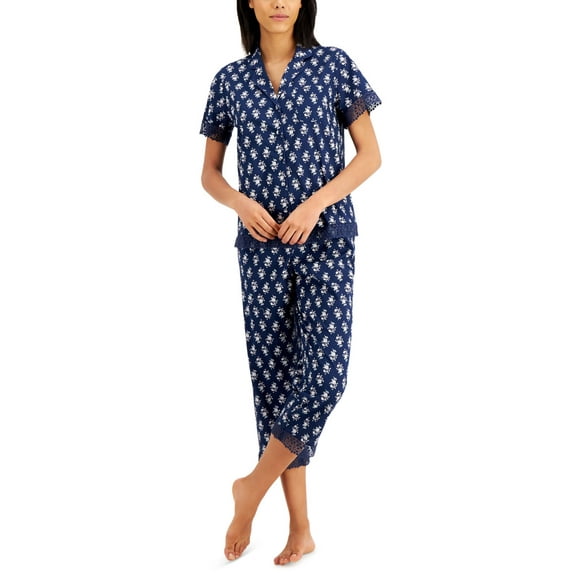 Charter Club Notched Collar Top & Capris Pajama Sets, Navy, X-Small