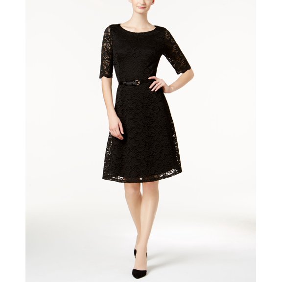 Charter Club Petite Belted Lace Dress Deep Black PXS