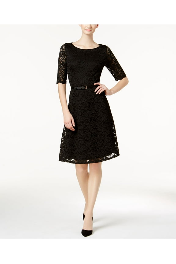 Petite Belted Lace Dress Deep Black PXS