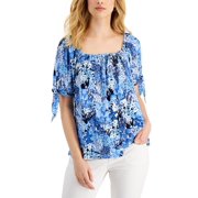 Charter Club Petite Blooming Meadow Tie-Sleeve Top Intrepid Blue Combo PM