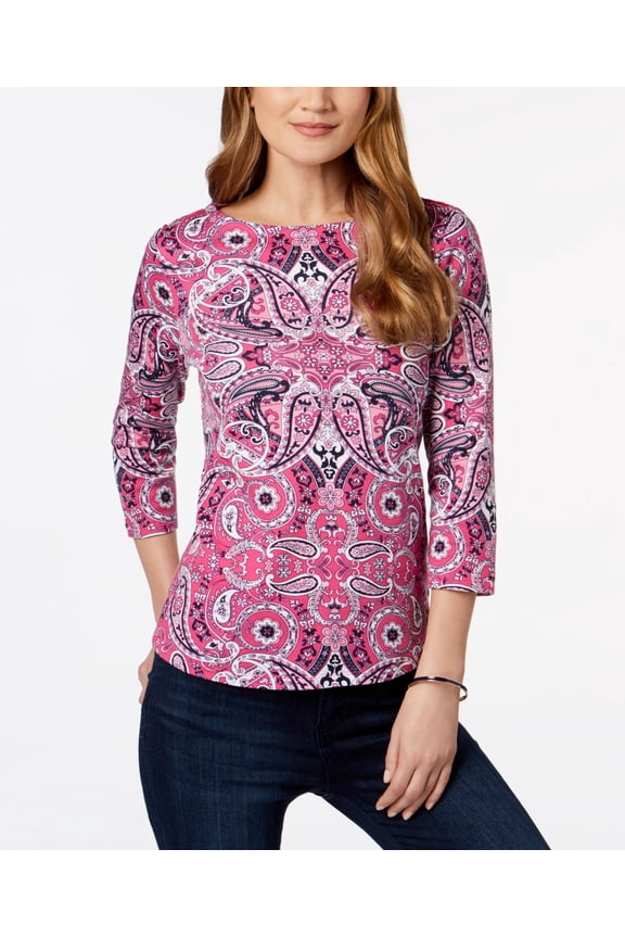 Button Shoulder Print Top Merrie Pink Combo PXS