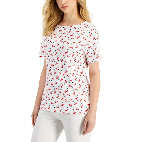 Charter Club Petite Cotton Cherry Print T-Shirt Bright White Combo PXS