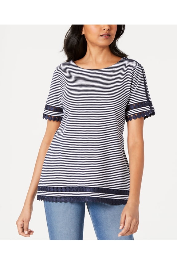 Petite Cotton Circle Trim Top Intrepid Blue Combo PXL