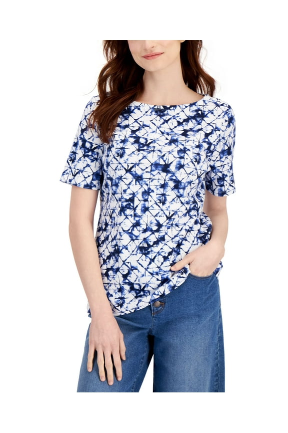Petite Cotton Everyday Dye-Print Boat-Neck Top Intrepid Blue Combo PXL