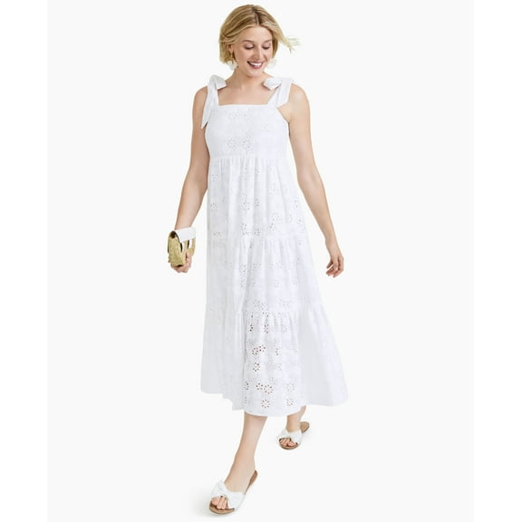 Charter Club Petite Cotton Eyelet Midi Dress Bright White PXL