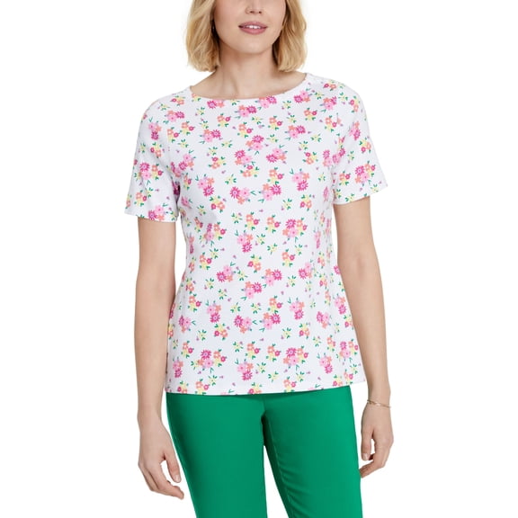 Charter Club Petite Cotton Floral Print T-Shirt Bright White Combo PXS